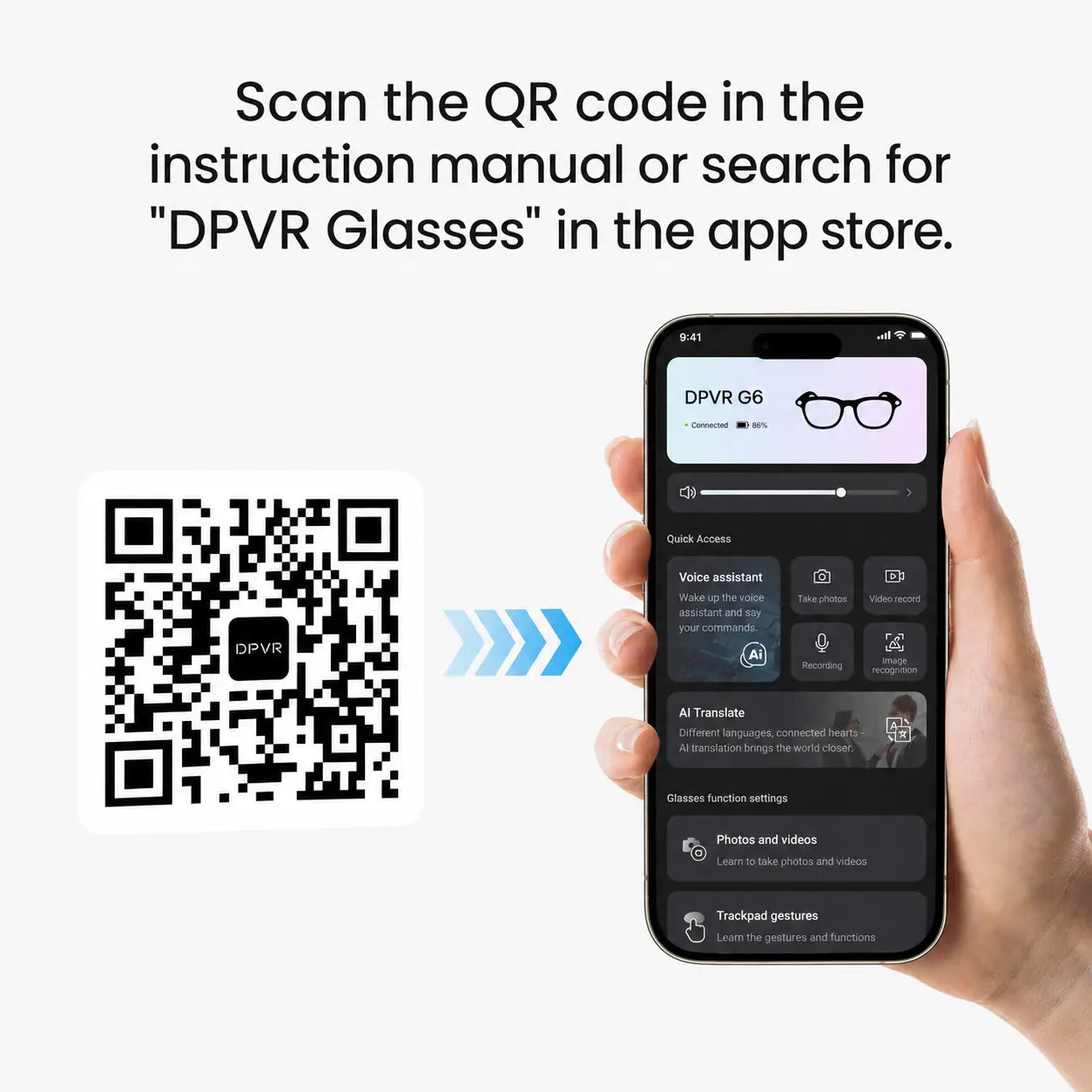 DPVR G6 AI Smart Glasses — Photo & Video Capture, Smart Glasses with Camera, Translation — Scan QR Code to Download App — Bluetooth Glasses with Photochromic Lenses (Bonus Sunglasses Lenses Included) — Ideal Father Wireless Eyewear