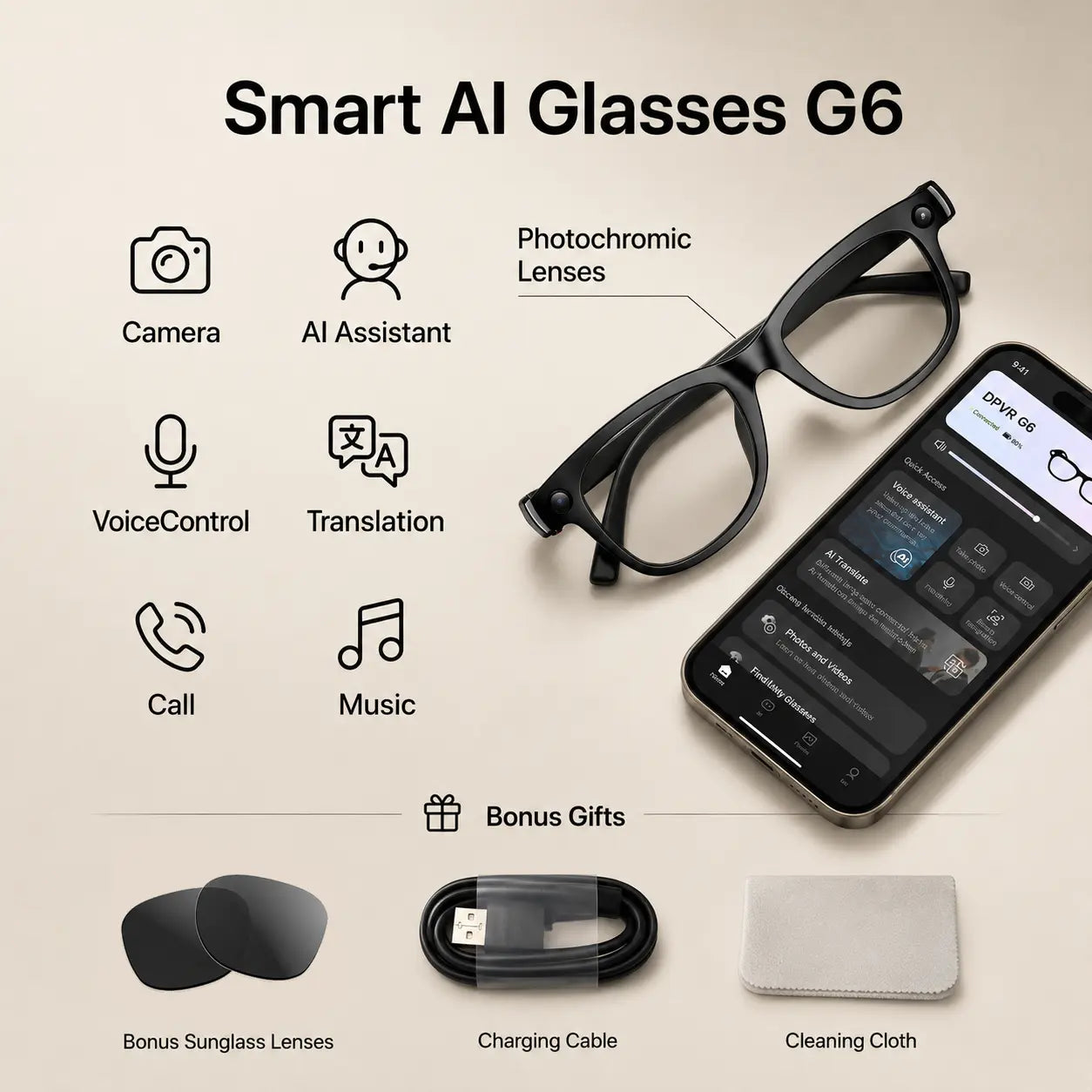 DPVR G6 AI Smart Glasses — Photo & Video Capture, Smart Glasses with Camera, Translation — Scan QR Code to Download App — Bluetooth Glasses with Photochromic Lenses (Bonus Sunglasses Lenses Included) — Ideal Father Wireless Eyewear
