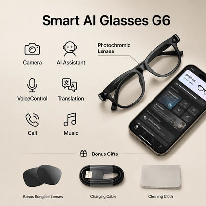 DPVR G6 AI Smart Glasses — Photo & Video Capture, Smart Glasses with Camera, Translation — Scan QR Code to Download App — Bluetooth Glasses with Photochromic Lenses (Bonus Sunglasses Lenses Included) — Ideal Father Wireless Eyewear
