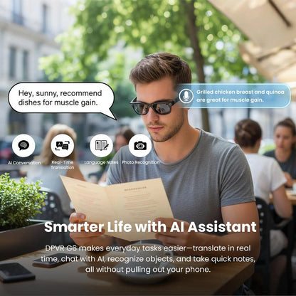 DPVR G6 AI Smart Glasses — Photo & Video Capture, Smart Glasses with Camera, Translation — Scan QR Code to Download App — Bluetooth Glasses with Photochromic Lenses (Bonus Sunglasses Lenses Included) — Ideal Father Wireless Eyewear